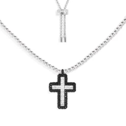 APM Monaco Black Pave Cross Adjustable Necklace With Beads- Necklaces
