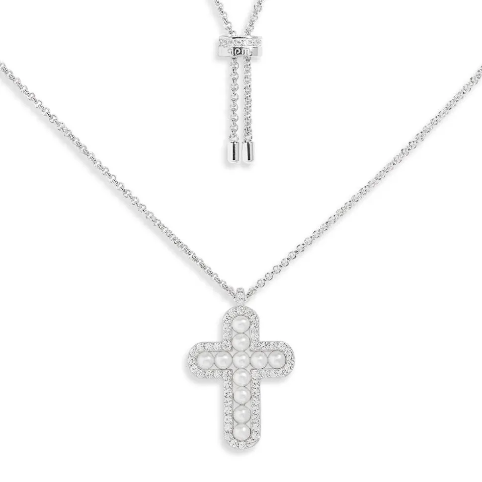 APM Monaco Cross Adjustable Necklace With Pearls- Necklaces