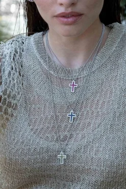 APM Monaco Fuchsia Pave Cross Adjustable Necklace- Necklaces