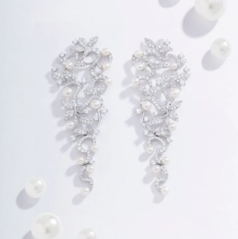 APM Monaco Long Flower Drop Earrings With Pearls- Earrings