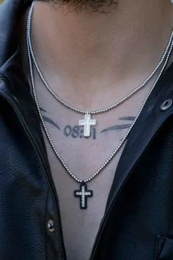 APM Monaco Pave Cross Adjustable Necklace With Beads- Necklaces
