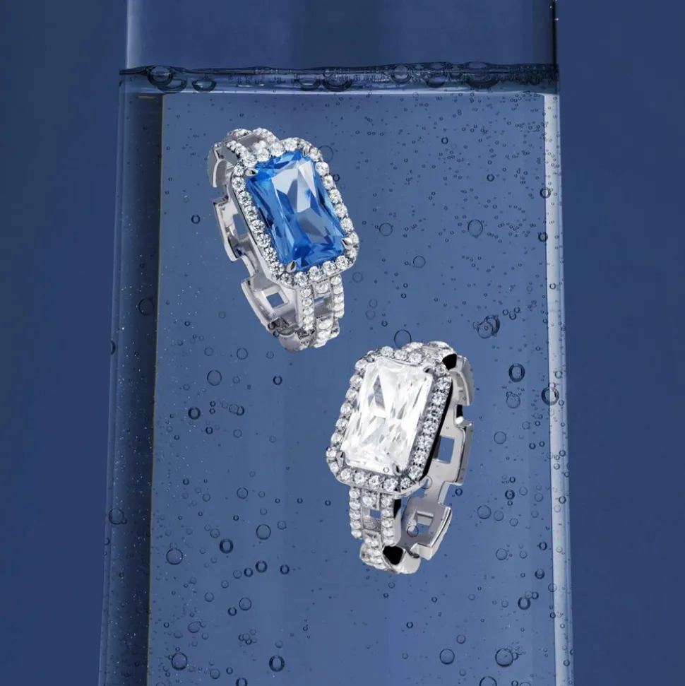 APM Monaco Pave Lagoon Blue Rectangle Chain Ring- Rings