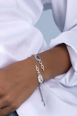 APM Monaco Pave Lagoon Blue Rectangle Adjustable Chain Bracelet- Bracelets