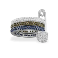 APM Monaco Triple Hoop Safety Pin Ring In Khaki And Blue- Rings