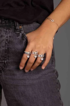 APM Monaco Triple Hoop Safety Pin Ring In Khaki And Blue- Rings