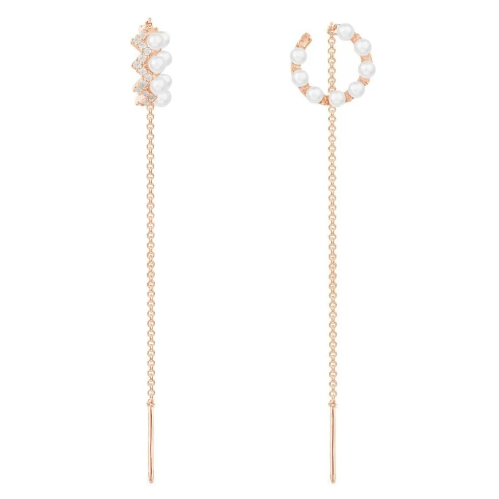 APM Monaco Up And Down Pearl And Chain Ear Cuffs- Earrings